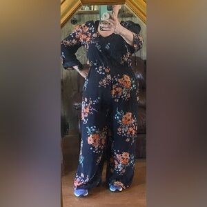 Wrapper LG Jumpsuit - navy blue floral print - EUC